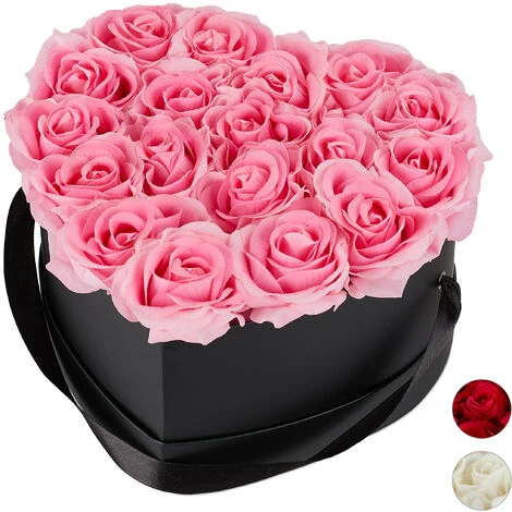 Relaxdays Box Di Rose A Forma Di Cuore, 18 Rose, Nero, Resistente 10 Anni, Idea Regalo, Box Decorativo, Rosa
