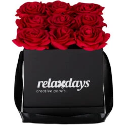 Relaxdays Bouquet Di Rose Quadrato, Scatola Nera Box Con 9 Fiori Finti Durevoli Nel Tempo, Idea Regalo Elegante, Rosse