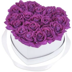 Relaxdays Box Di Rose A Forma Di Cuore, 18 Rose, Bianco, Resistente 10 Anni, Idea Regalo, Box Decorativo, Lilla