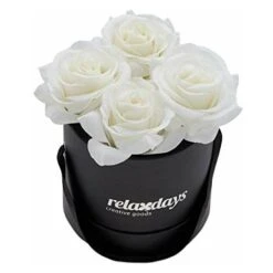 Relaxdays Rosenbox Bouquet Rotondo, 4 Rose, Nero, Resistente 10 Anni, Idea Regalo, Box Decorativo, Bianco, 14 X 13 X 13 Cm